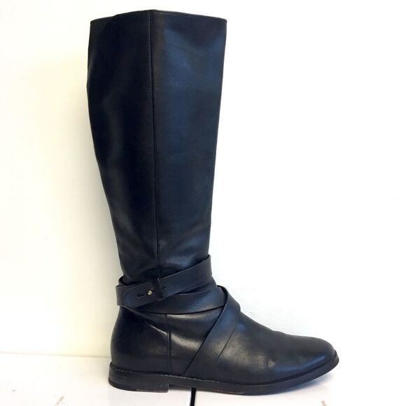 COLE HAAN Black Flat Leather Riding Boots With Ankle Strap 7 - Picture 2 of 9